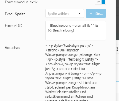 Formel zur Verknüpfung zweier Textspalten mit Leerzeichen und resultierender Vorschau