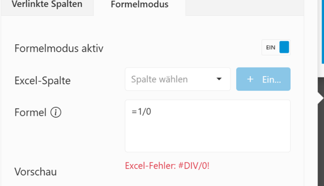 Ungültige Formel Division durch 0 und resultierende Fehlermeldung