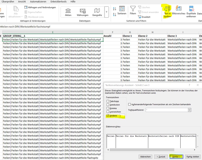 Excel bearbeiten_untere Kategorie entfernen