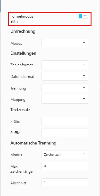 Einstellungsfenster einer Spalte im Experten-Template-Editor mit dem Schalter Formelmodus aktiv