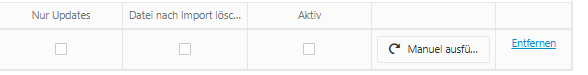 Spalten Nur Updates, Datei nach Import löschen, Aktiv und Schaltfläche Manuel ausführen