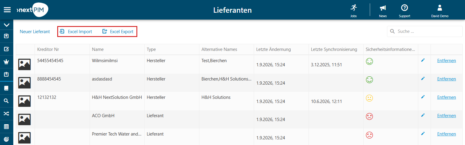 Modul „Lieferanten“ mit den Schaltflächen „Excel Import“ und „Excel Export“.