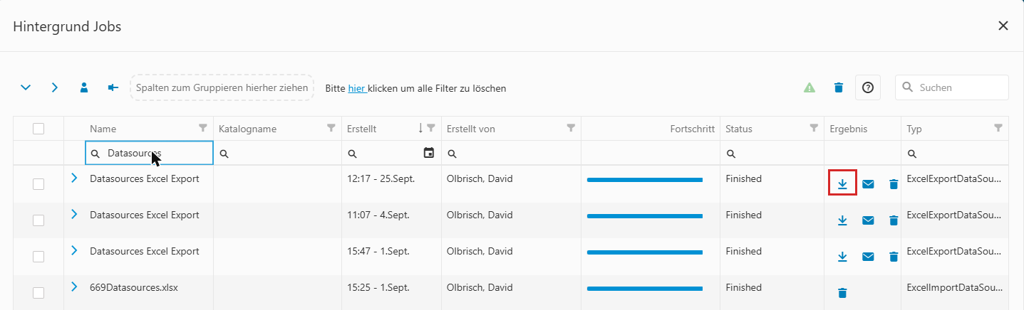 Fenster „Hintergrund Jobs“ – Download der exportierten Lieferantendatei.