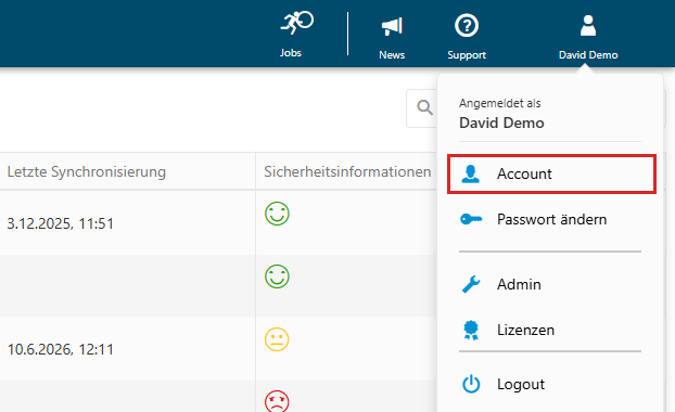 Benutzermenü oben rechts mit dem Eintrag „Account“.
