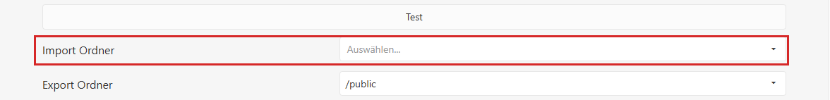 Detailbereich eines FTP-Servers im Reiter „FTP Server“ – Feld „Import Ordner“.