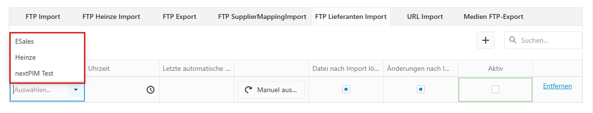 Neue Zeile mit geöffneter Auswahlliste in der Spalte „Ftp Server“.