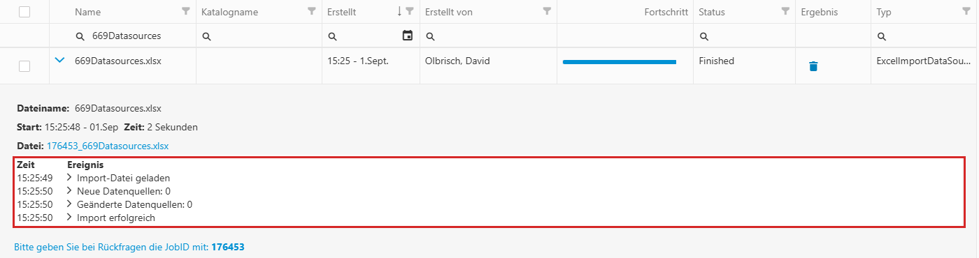 Aufgeklappter Lieferanten-Importjob mit den Ereignissen „Neue Datenquellen“ und „Geänderte Datenquellen“.