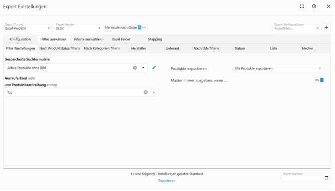 Exportdialog, Reiter „Filter auswählen“ → „Filter Einstellungen“ mit ausgewähltem Suchformular