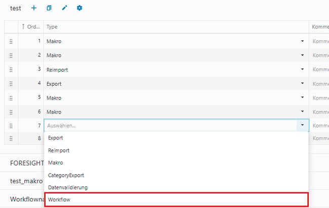 Workflow-Items mit geöffneter Auswahlliste Type und markiertem Eintrag Workflow